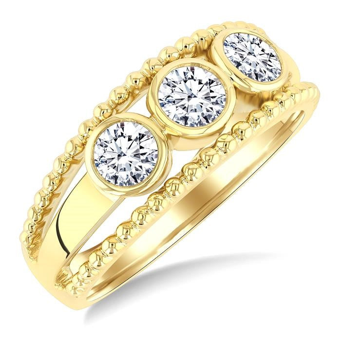 3/4 Ctw 3-Stone Bezel Set Round Cut Diamond Bead Bijoux Fashion Ring in 14K Yellow Gold