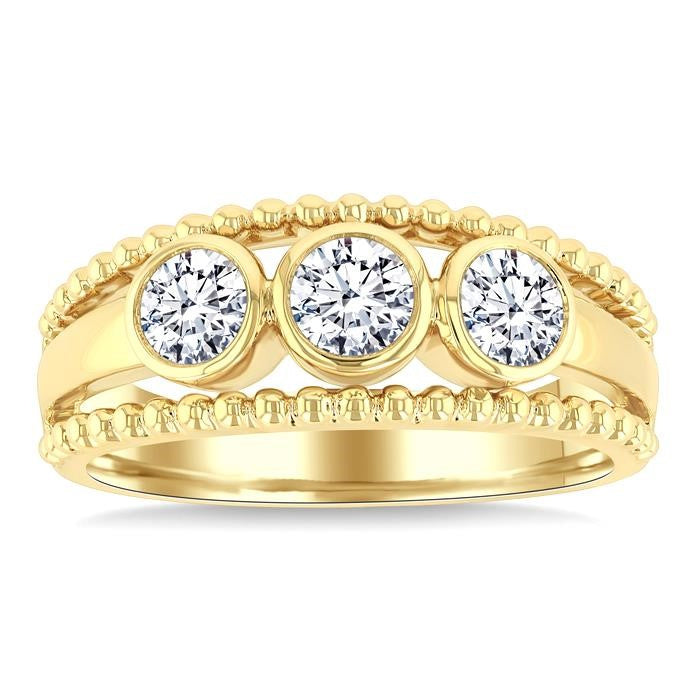 3/4 Ctw 3-Stone Bezel Set Round Cut Diamond Bead Bijoux Fashion Ring in 14K Yellow Gold
