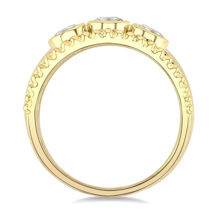 3/4 Ctw 3-Stone Bezel Set Round Cut Diamond Bead Bijoux Fashion Ring in 14K Yellow Gold