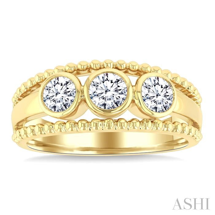 3/4 Ctw 3-Stone Bezel Set Round Cut Diamond Bead Bijoux Fashion Ring in 14K Yellow Gold