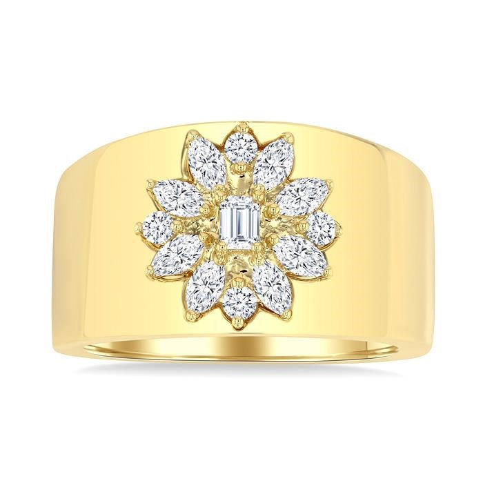 5/8 Ctw Mixed Cut Diamond Floral Centerpiece Bold Gold Wide Band in 14K Yellow Gold
