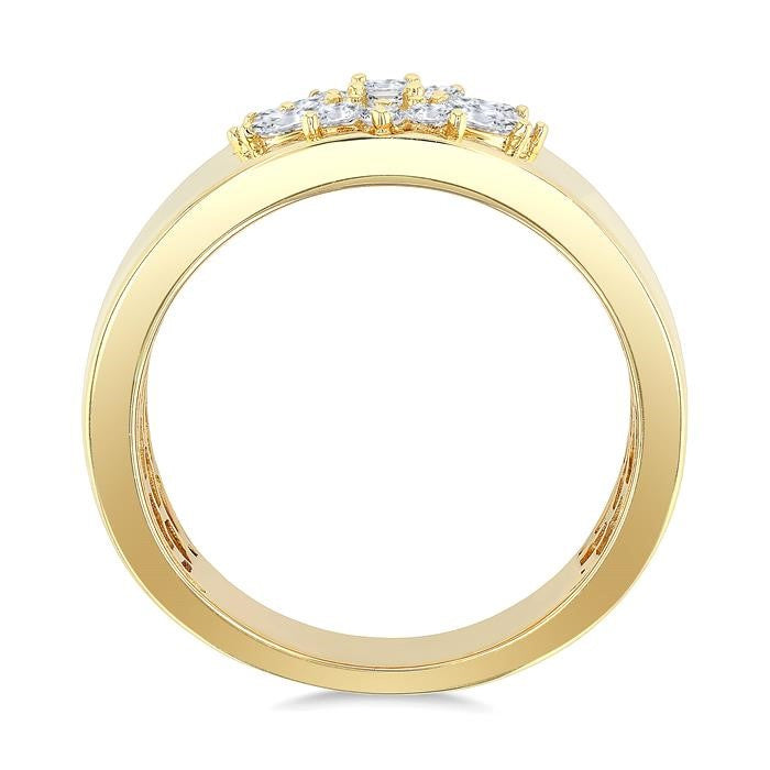 5/8 Ctw Mixed Cut Diamond Floral Centerpiece Bold Gold Wide Band in 14K Yellow Gold