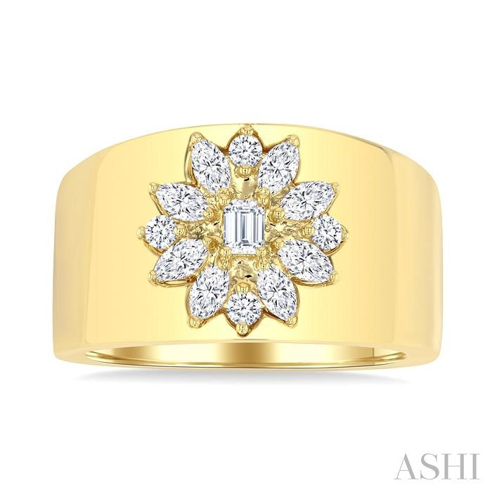 5/8 Ctw Mixed Cut Diamond Floral Centerpiece Bold Gold Wide Band in 14K Yellow Gold