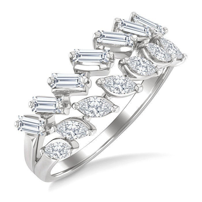3/4 Ctw Split Twin Row Marquise and Baguette Cut Diamond Fashion Ring in 14K White Gold