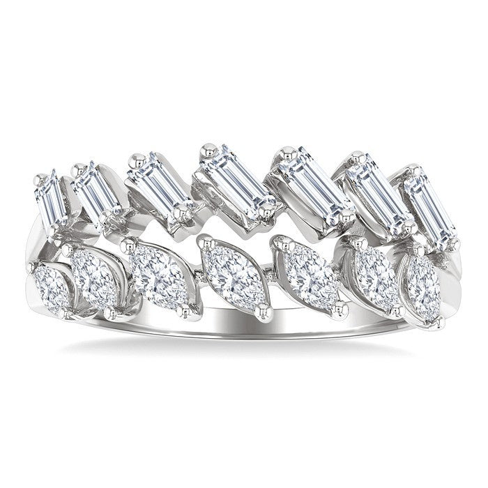3/4 Ctw Split Twin Row Marquise and Baguette Cut Diamond Fashion Ring in 14K White Gold