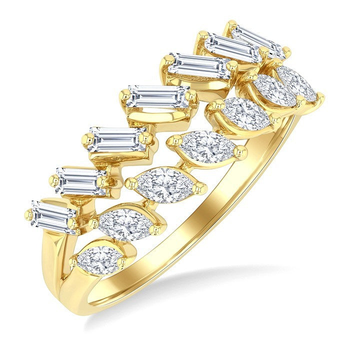 3/4 Ctw Split Twin Row Marquise and Baguette Cut Diamond Fashion Ring in 14K Yellow Gold