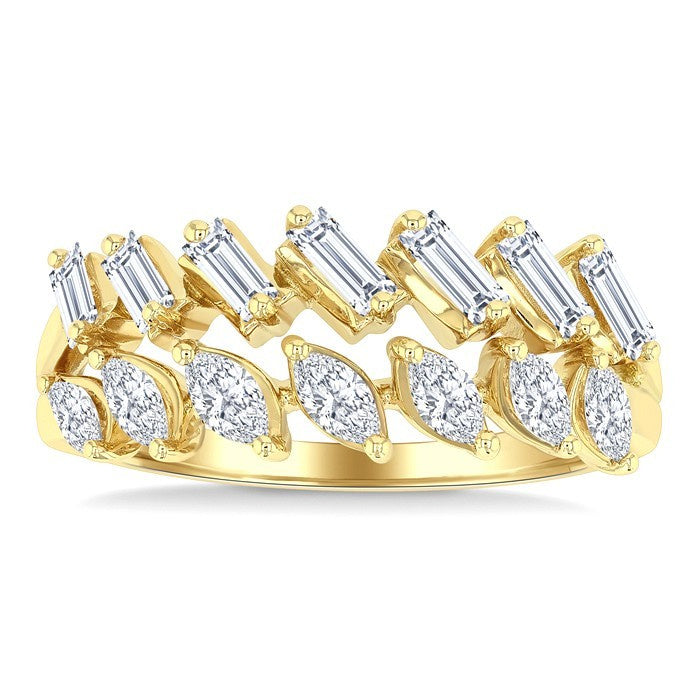 3/4 Ctw Split Twin Row Marquise and Baguette Cut Diamond Fashion Ring in 14K Yellow Gold