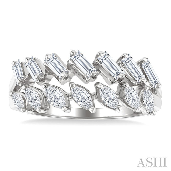3/4 Ctw Split Twin Row Marquise and Baguette Cut Diamond Fashion Ring in 14K White Gold