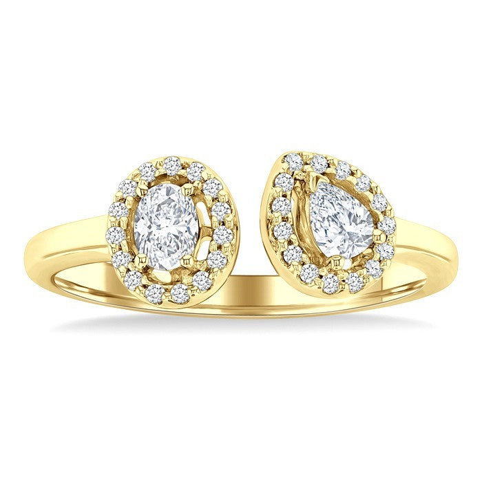 3/8 Ctw Toi Et Moi Pear, Oval and Round Cut Diamond Open Fashion Ring in 14K Yellow Gold