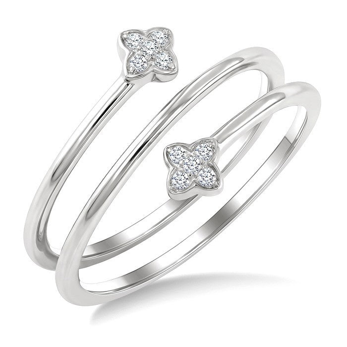 1/20 Ctw Split Double Clover Coil Round Cut Diamond Open Fashion Ring in 10K White Gold