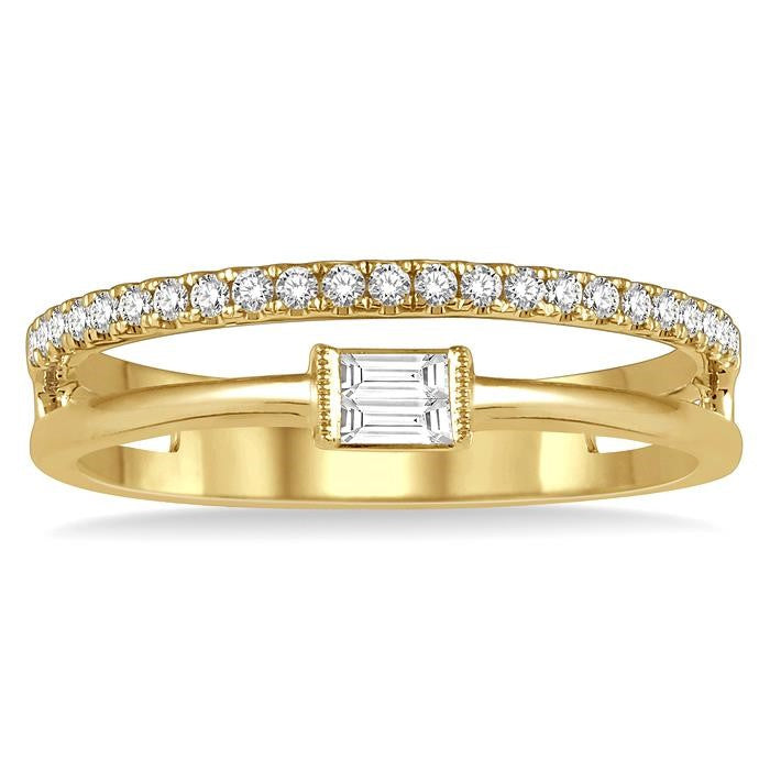 1/5 Ctw Double Row Baguette and Round Diamond Fashion Ring in 14K Yellow Gold