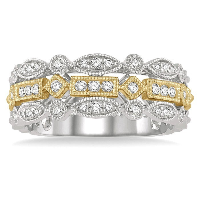 3/8 Ctw Two Tone Geometric Rows Round Cut Diamond Fashion Band in 14K White and Yellow Gold