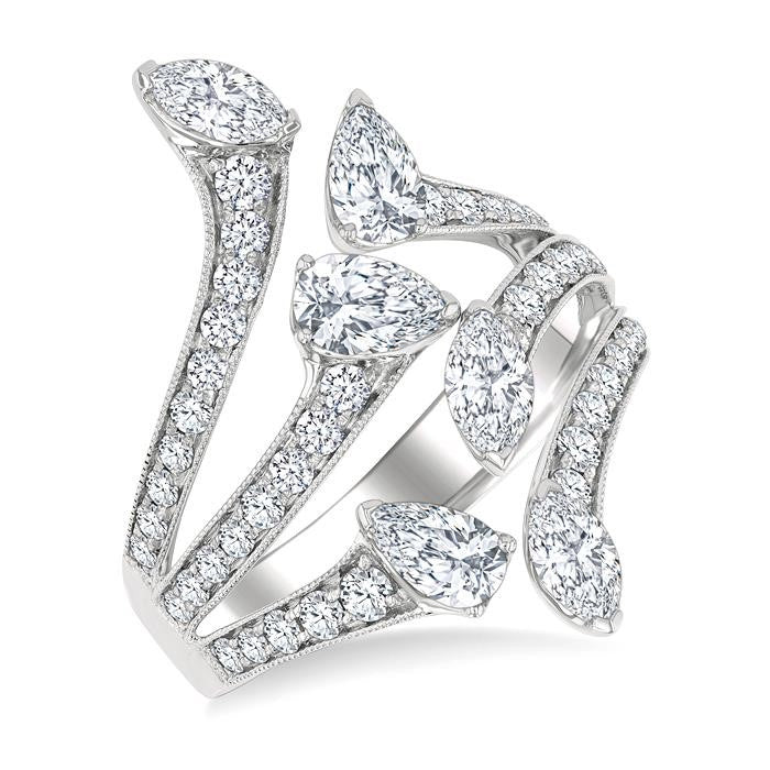 2 1/4 Ctw Bypass Three-Way Split Marquise, Pear and Round Cut Diamond Fashion Open Ring in 14K White Gold