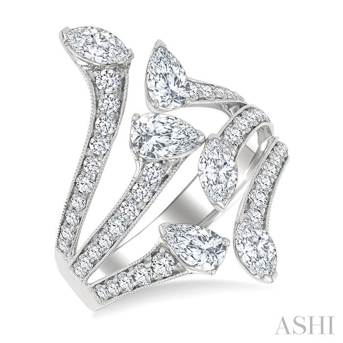 2 1/4 Ctw Bypass Three-Way Split Marquise, Pear and Round Cut Diamond Fashion Open Ring in 14K White Gold