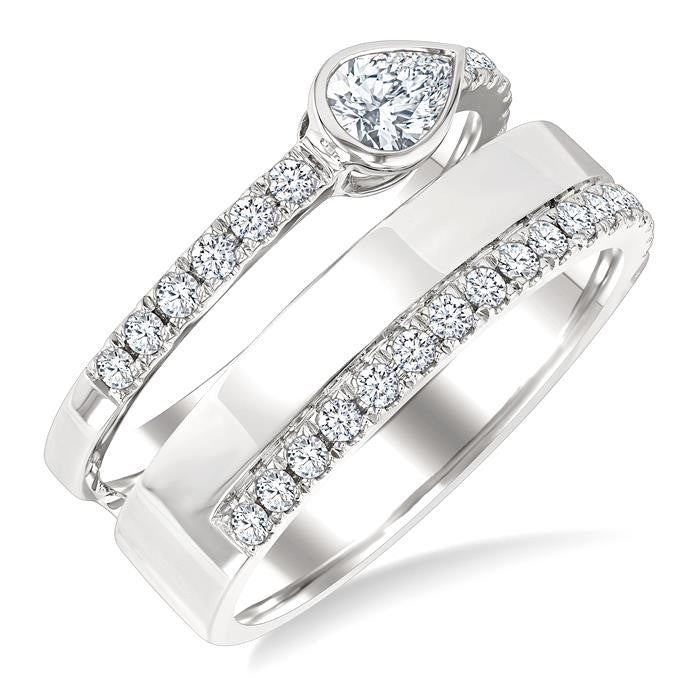3/4 Ctw Split Twin Row Bezel Set Pear and Round Cut Diamond Fashion Ring in 14K White Gold