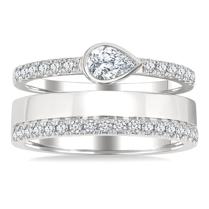 3/4 Ctw Split Twin Row Bezel Set Pear and Round Cut Diamond Fashion Ring in 14K White Gold