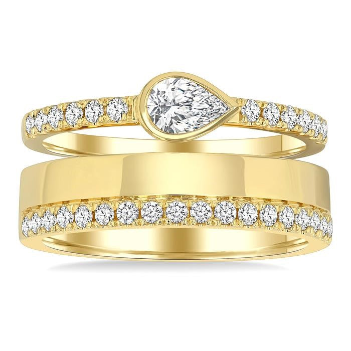 3/4 Ctw Split Twin Row Bezel Set Pear and Round Cut Diamond Fashion Ring in 14K Yellow Gold