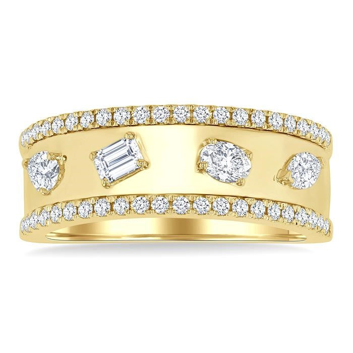 5/8 Ctw 4-Stone Mixed Shape Diamond Wide Fashion Band in 14K Yellow Gold