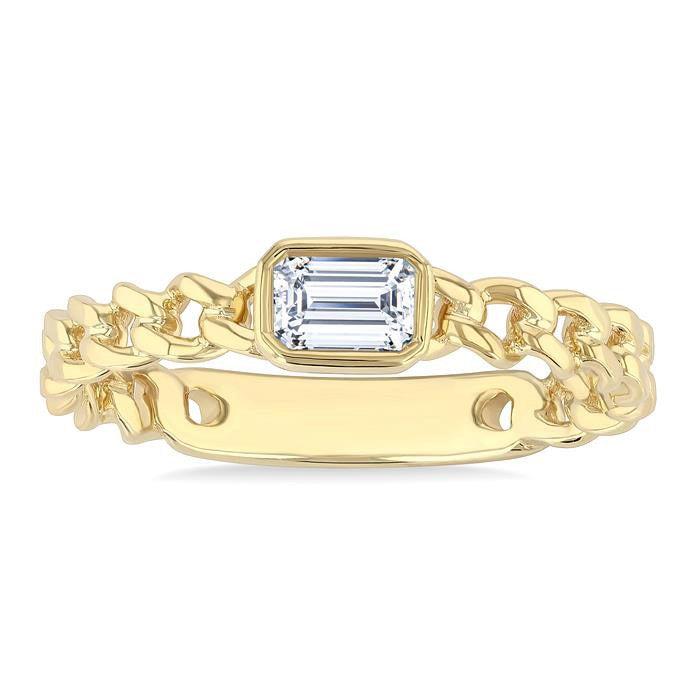 Emerald Shape Bezel Curb Diamond Fashion Ring