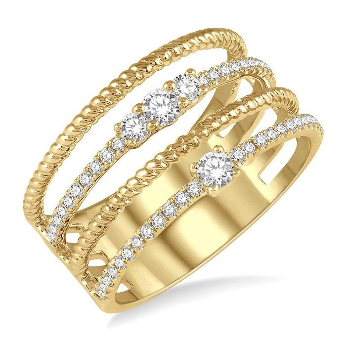 3/8 Ctw Rope and Round Diamond Multi Row Layered Fashion Ring in 14K Yellow Gold