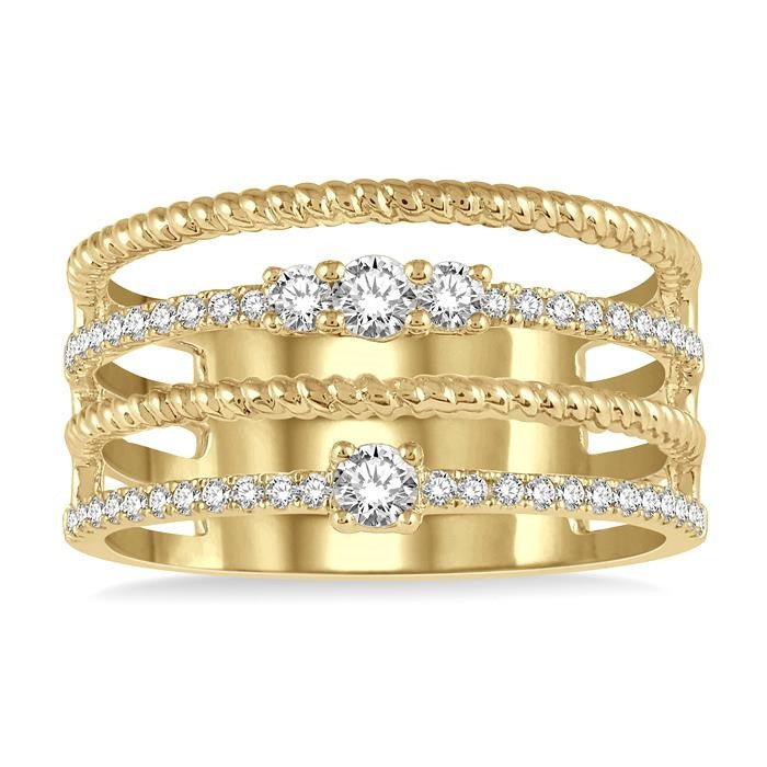 3/8 Ctw Rope and Round Diamond Multi Row Layered Fashion Ring in 14K Yellow Gold
