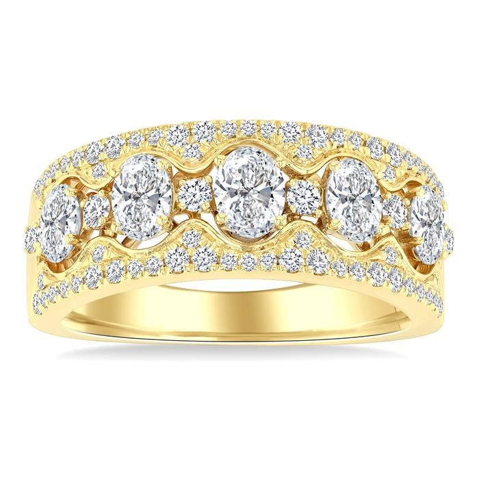 1 1/5 Ctw 5-Stone Oval and Round Cut Diamond Wide Fashion Band in 14K Yellow Gold