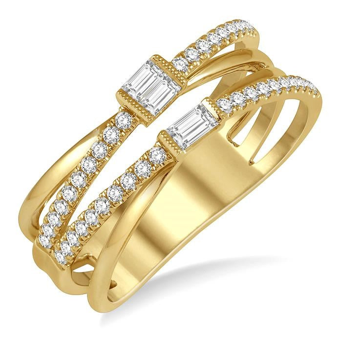 3/8 Ctw Criss-Cross Baguette and Round Diamond Fashion Ring in 14K Yellow Gold