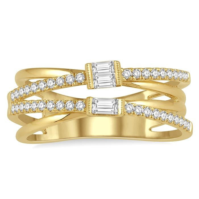 3/8 Ctw Criss-Cross Baguette and Round Diamond Fashion Ring in 14K Yellow Gold