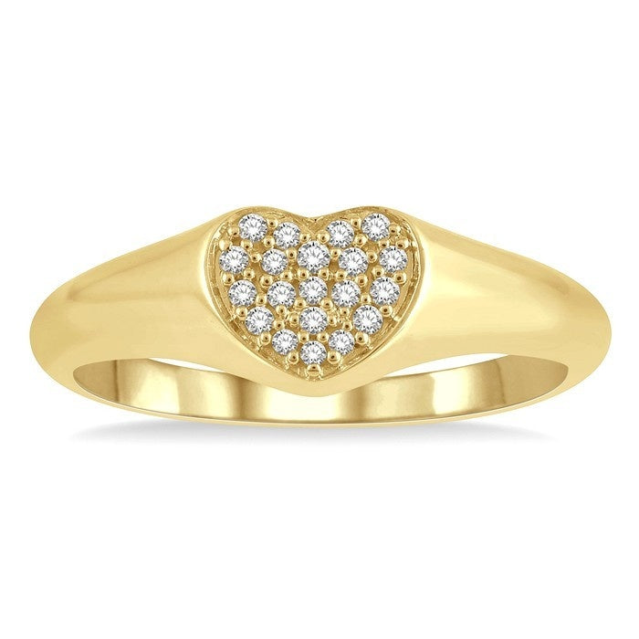 1/10 Ctw Heart Signet Round Cut Diamond Stackable Ring in 10K Yellow Gold