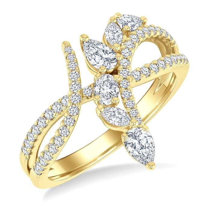 7/8 Ctw Split Bypass Shank Mixed Diamond Cut Fashion Ring in 14K Yellow Gold