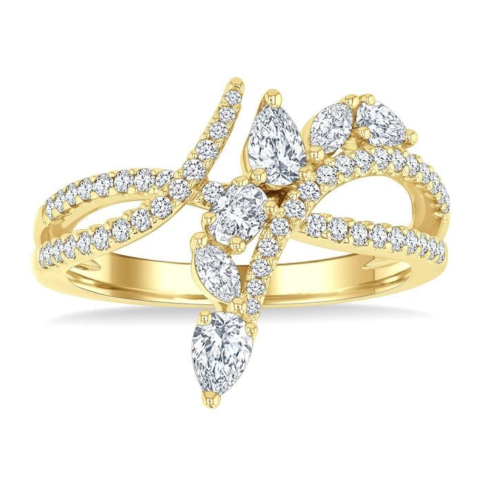 7/8 Ctw Split Bypass Shank Mixed Diamond Cut Fashion Ring in 14K Yellow Gold
