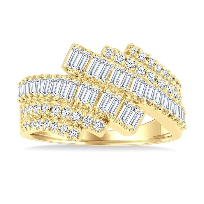 1 Ctw Triple Row Bypass Fusion Baguette and Round Cut Diamond Fashion Ring in 14K Yellow Gold