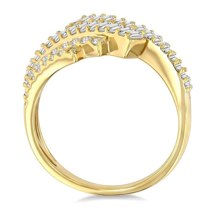 1 Ctw Triple Row Bypass Fusion Baguette and Round Cut Diamond Fashion Ring in 14K Yellow Gold