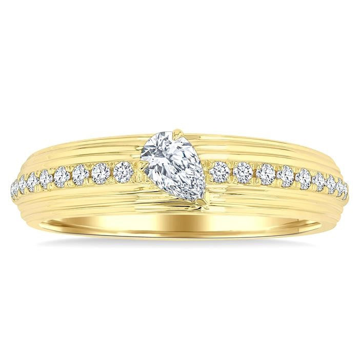1/3 Ctw Textured Shank Tilted Pear and Round Cut Diamond Fashion Band in 14K Yellow Gold