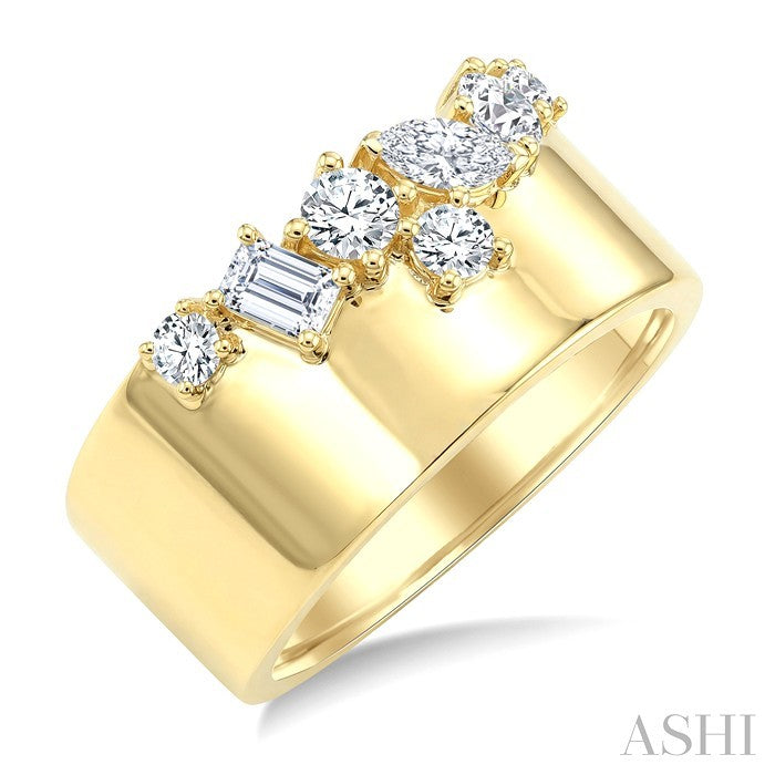 3/4 Ctw Mixed Cut Diamond Mosaic Fashion Wide Band in 14K Yellow Gold
