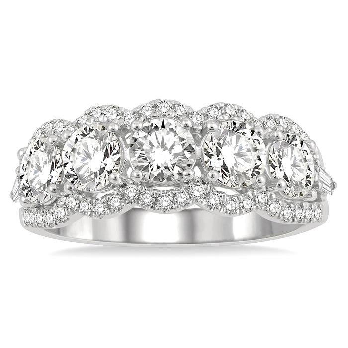 2 Ctw Scalloped Edge Circular Mount 5-Stone Baguette and Round Cut Diamond Fashion Ring in 14K White Gold