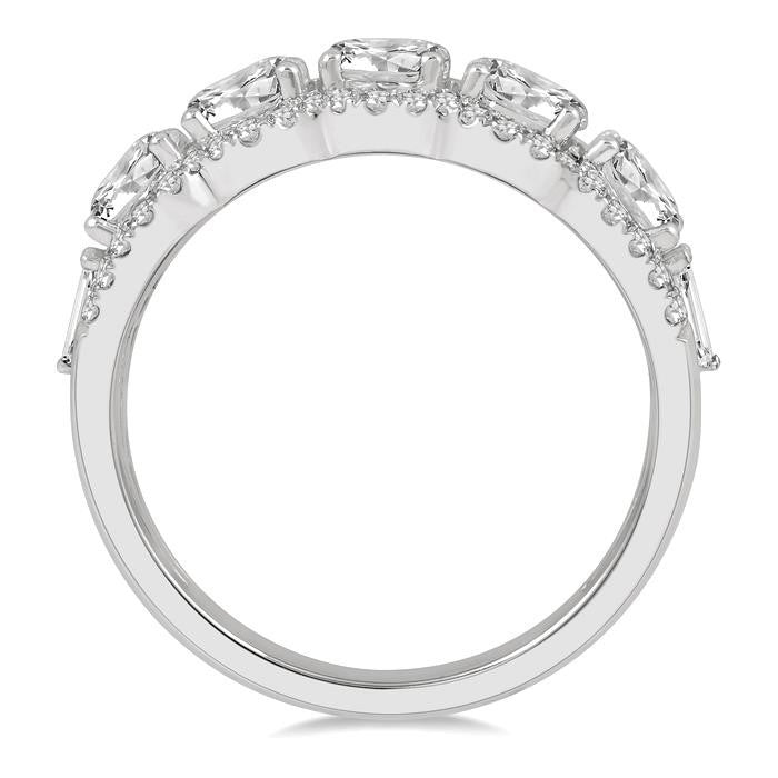 2 Ctw Scalloped Edge Circular Mount 5-Stone Baguette and Round Cut Diamond Fashion Ring in 14K White Gold