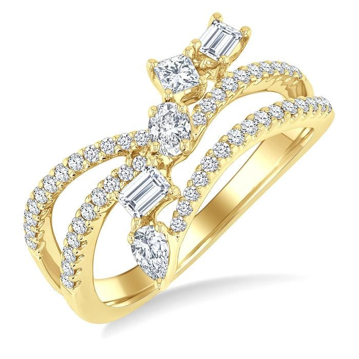 3/4 Ctw Split Shank Mixed Diamond Cut Fashion Ring in 14K Yellow Gold