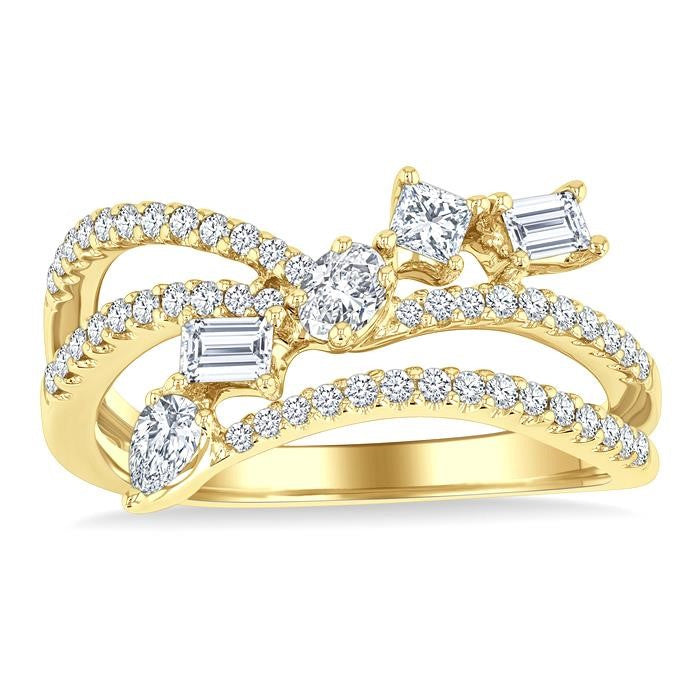 3/4 Ctw Split Shank Mixed Diamond Cut Fashion Ring in 14K Yellow Gold
