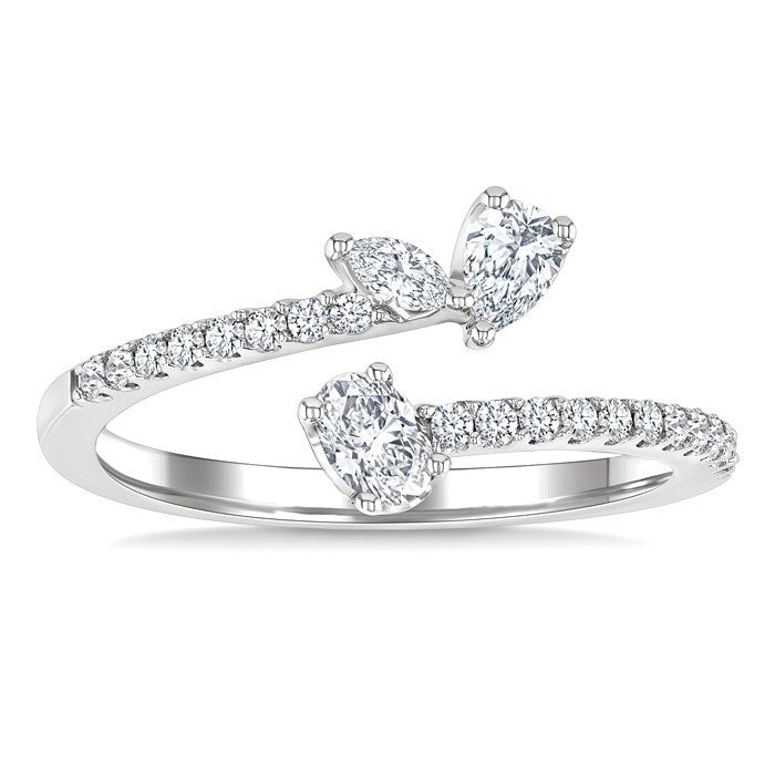 1/2 Ctw 3-Stone Mixed Diamond Cut Fashion Open Ring in 14K White Gold