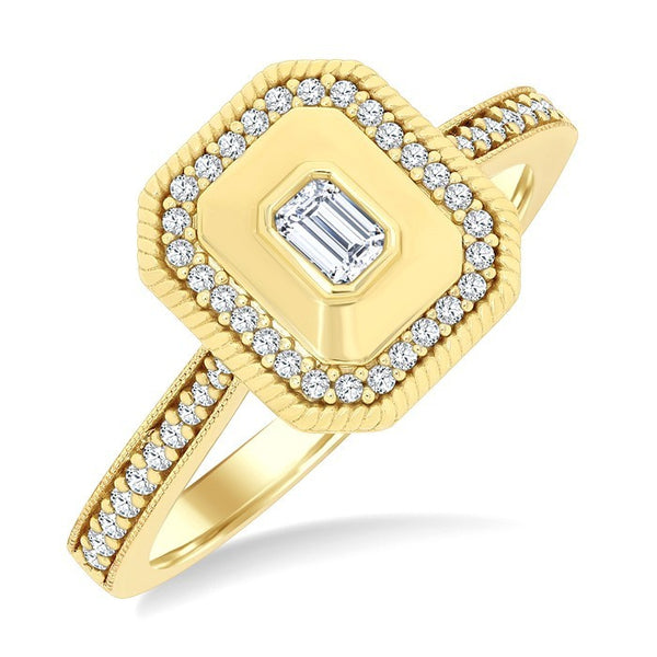 1/3 Ctw Octagonal Shaped Art Deco Emerald and Round Cut Diamond Fashion Ring in 14K Yellow Gold