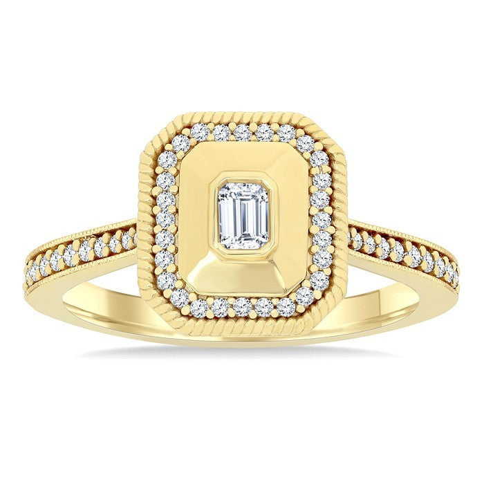 1/3 Ctw Octagonal Shaped Art Deco Emerald and Round Cut Diamond Fashion Ring in 14K Yellow Gold