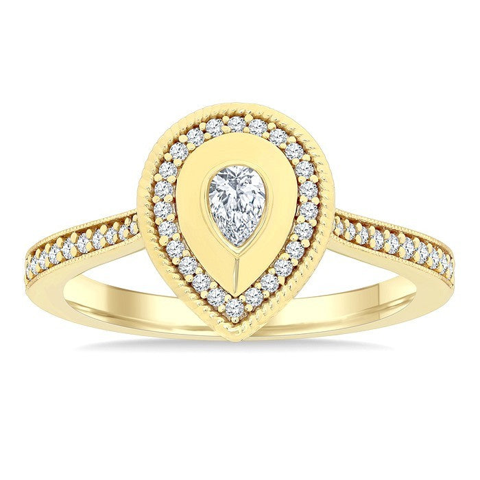 1/3 Ctw Pear shaped Art Deco Pear and Round Cut Diamond Fashion Ring in 14K Yellow Gold