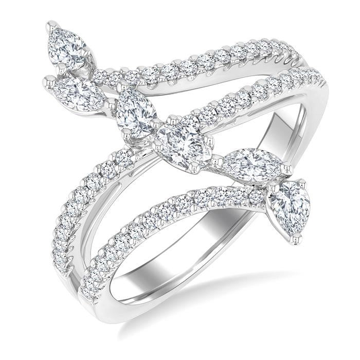 3/4 Ctw Three-Way Split Shank Mixed Diamond Cut Fashion Ring in 14K White Gold