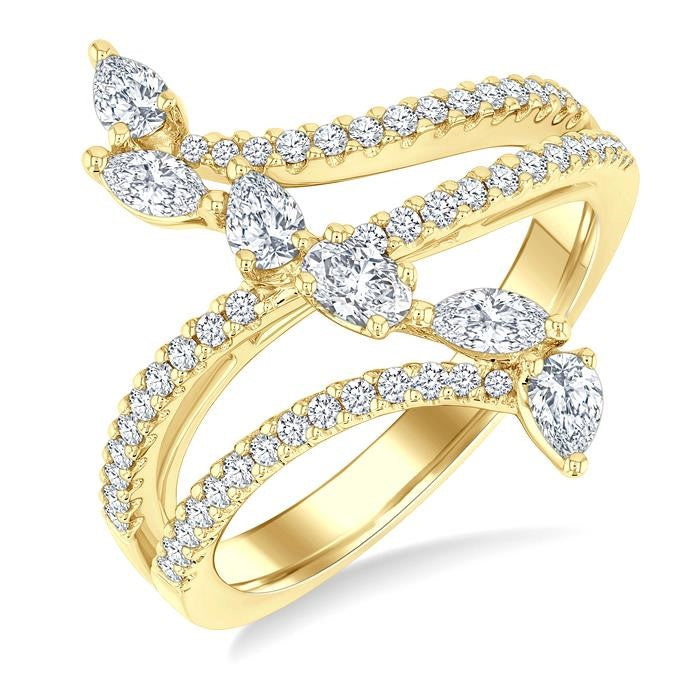 3/4 Ctw Three-Way Split Shank Mixed Diamond Cut Fashion Ring in 14K Yellow Gold