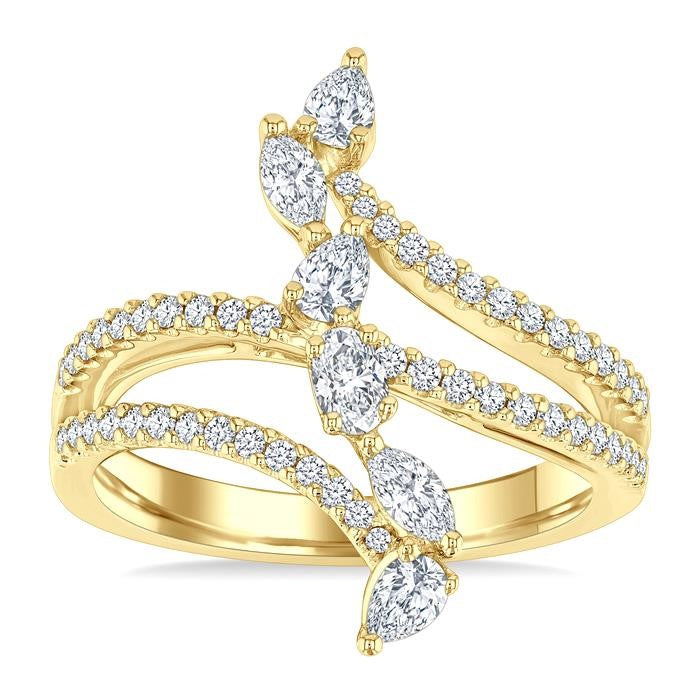 3/4 Ctw Three-Way Split Shank Mixed Diamond Cut Fashion Ring in 14K Yellow Gold