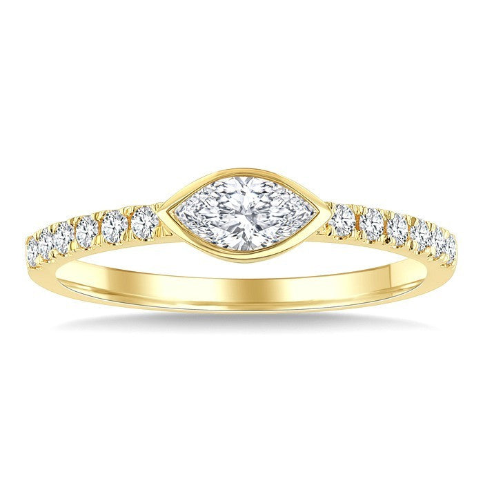 1/2 Ctw Luna Bezel East-West Marquise Cut and Round Cut Diamond Ring in 14K Yellow Gold