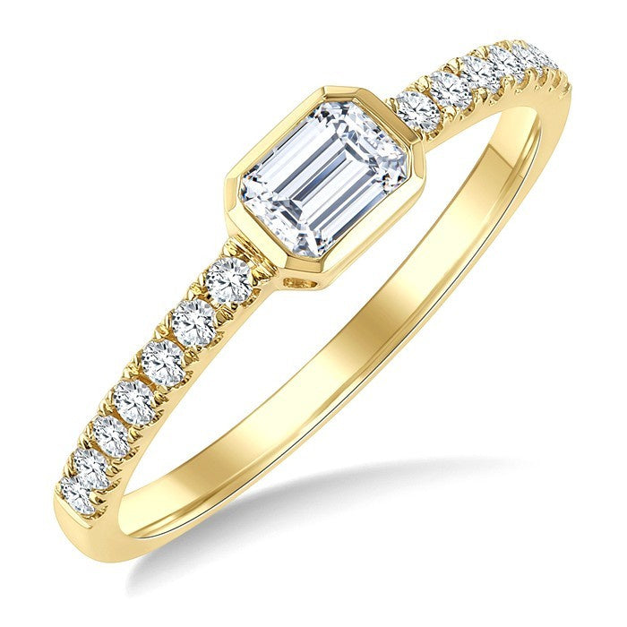 1/2 Ctw Luna Bezel East-West Emerald Cut and Round Cut Diamond Ring in 14K Yellow Gold