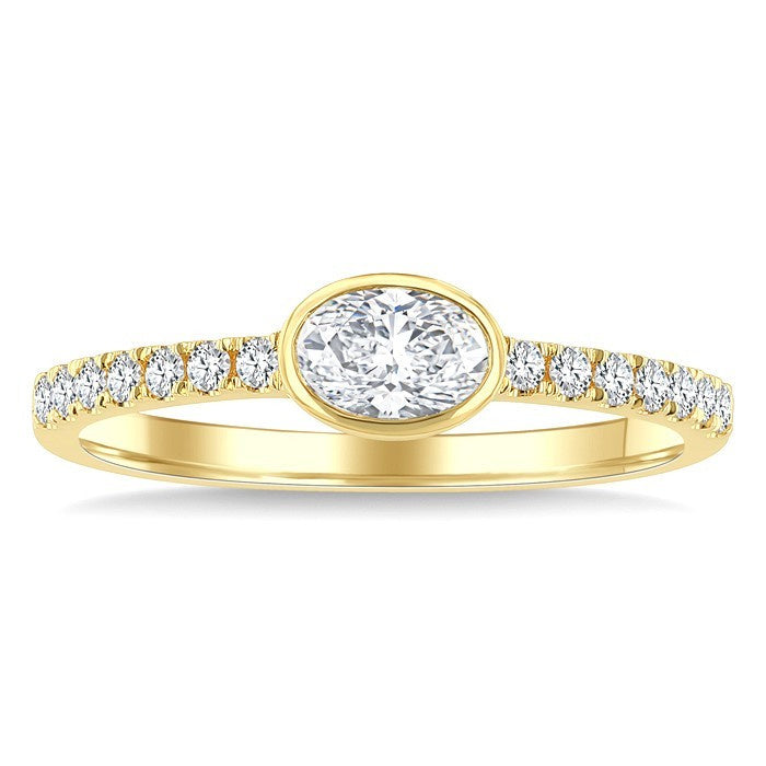 1/2 Ctw Luna Bezel East-West Oval Cut and Round Cut Diamond Ring in 14K Yellow Gold