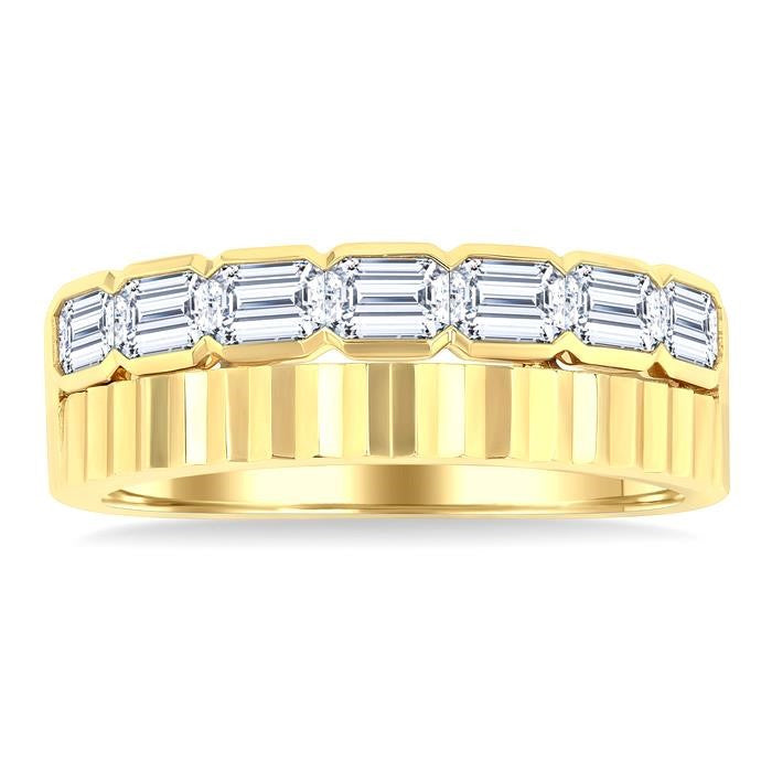 1 Ctw Pyramid Accents and Bezel Set Emerald Cut Diamond Bold Gold Fashion Wide Band in 14K Yellow Gold